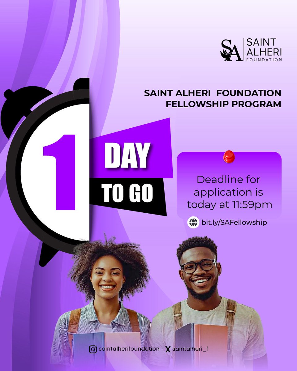 saintalheri_f's tweet photo. LESS THAN 24 HOURS TO GO! 🚨 

The countdown is on! Don’t miss your chance to be part of the Saint Alheri Foundation Fellowship Program. 

Application deadline is TODAY at 11:59 PM ⏰ 

Apply now: https://t.co/prbHwNKp2I

#SAFellowship 
#SaintAlheriFoundation 
#LastCall 
#Faith https://t.co/4MSHM2c2Ow