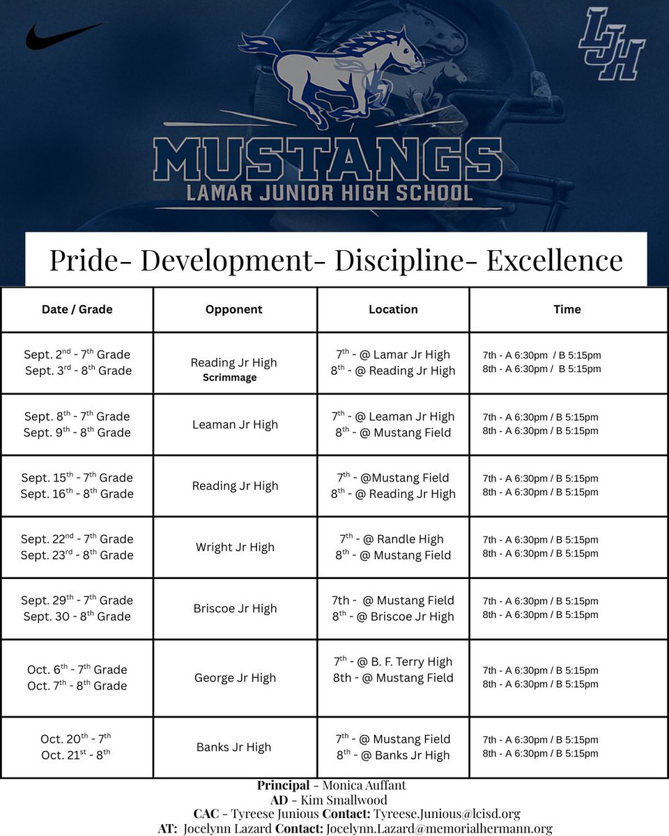LJH_Sports's tweet photo. Dear Lamar Jr. High Parents,
Our game schedule has changed!
📅 New First Game Date
⏰ Updated Game Times
Please check the graphic below or Rank One for full details. see you in the stands!
Questions: Tyreese.Junious@lcisd.org
@LJHMustangs @LCHS_Mustangs https://t.co/4Es3l2NfYW