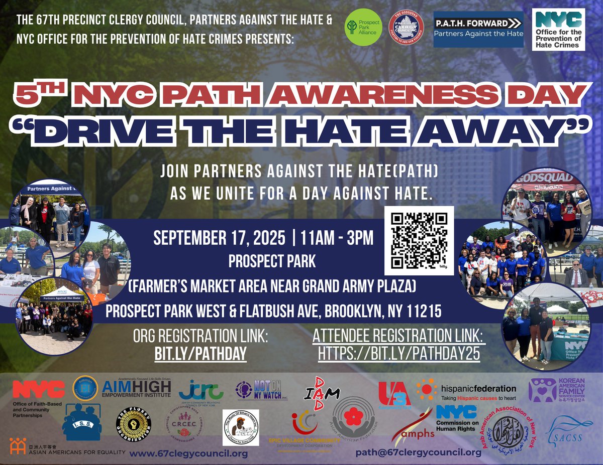 Join Partners Against the Hate (P.A.T.H.), the @67clergycouncil, <a href="/stophatenyc/">NYC Office for the Prevention of Hate Crimes</a>, Prospect Park Alliance and community partners for a day of unity + action against hate on Saturday, September 17 at Grand Army Plaza in Prospect Park: prospectpark.org/path