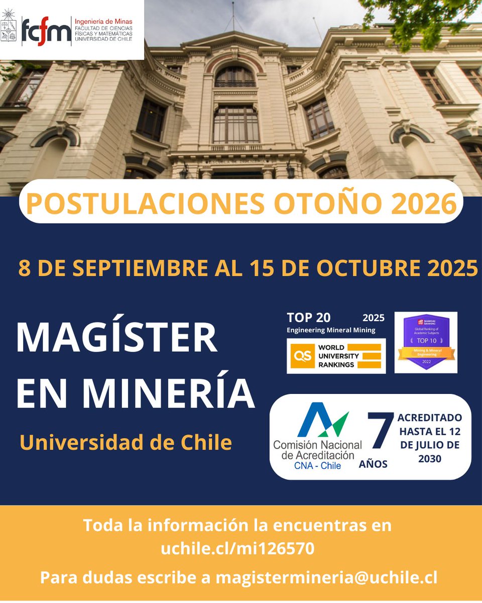 ¡Postula al Magíster en Minería de la U. de Chile!

📅 Postulaciones: 8 sep – 15 oct 2025
Inicio: Otoño 2026
Más info: uchile.cl/mi126570
#MagísterEnMinería #UCHile #PostgradosUCH #MineríaSustentable
