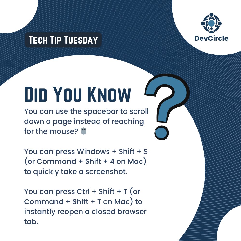 devcircleuk's tweet image. Guess what today is? It’s Tech Tip Tuesday!

Follow us for more quick hacks and tech tips every week, so you ace like a true techie.

#DevCircleUK #BuildInfluence #TechForAll #CommunityPower #PersonalGrowth #TechTipTuesday #DigitalEmpowerment
