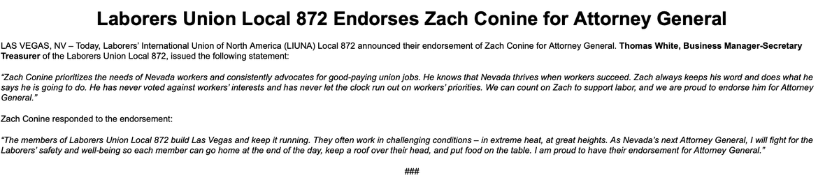 Inbox: Treasurer Zach Conine nabs the endorsement of the Las Vegas construction workers union in his bid for attorney general.