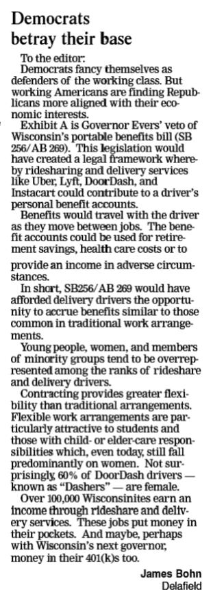 Megan Novak (@meganjnovak) on Twitter photo In the Waukesha Freeman today: a citizen calling out the hypocrisy of the Left after Evers vetoed legislation authored by <a href="/SenBradley/">Senator Julian Bradley</a> and <a href="/RepAlexDallman/">Rep. Alex Dallman</a> to help gig economy workers.
"Democrats fancy themselves as defenders of the working class. But working Americans are In the Waukesha Freeman today: a citizen calling out the hypocrisy of the Left after Evers vetoed legislation authored by <a href="/SenBradley/">Senator Julian Bradley</a> and <a href="/RepAlexDallman/">Rep. Alex Dallman</a> to help gig economy workers.
"Democrats fancy themselves as defenders of the working class. But working Americans are