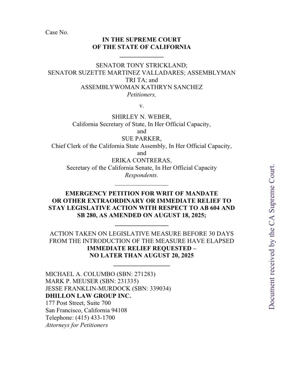 Kate Sanchez (@katesanchezca) on Twitter photo BREAKING: We’ve just filed an emergency lawsuit against the CA Legislature to STOP their unconstitutional redistricting power grab. They’ve failed to adhere to public transparency and notice requirements & broken more rules yesterday than I’ve ever seen.
<a href="/dhillonlaw/">Dhillon Law Group</a> BREAKING: We’ve just filed an emergency lawsuit against the CA Legislature to STOP their unconstitutional redistricting power grab. They’ve failed to adhere to public transparency and notice requirements & broken more rules yesterday than I’ve ever seen.
<a href="/dhillonlaw/">Dhillon Law Group</a>
