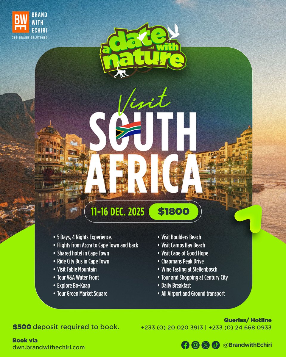 BrandwithEchiri's tweet photo. 5 days 4 nights of adventure, wine tasting 🍷, beaches 🏖️, sunsets 🌅 &amp; city vibes you won’t forget! From Table Mountain to Boulders Beach 🐧 bucket list unlocked 🤩

Pack light, bring vibes —South Africa awaits 🚀🇿🇦
#ADateWithNature
#SouthAfrica2025
#TravelWithBWE
#BWE
#DWN https://t.co/hjElRhNCuG
