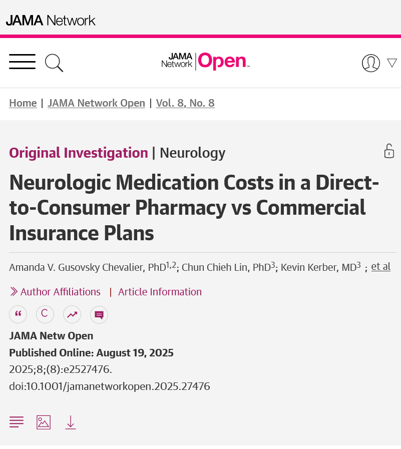 For neurologic medications, direct-to-consumer pharmacy total costs were 413% lower overall compared to commercial insurance plans and offered notable reductions on a few specific medications. ja.ma/4mtyZ6i