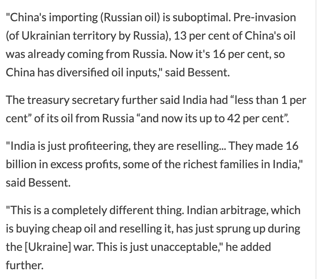 US treasury secretary Scott Bessent tells CNBC why Trump is not punishing China for buying Russian oil while India is being targeted with additional tariffs.
