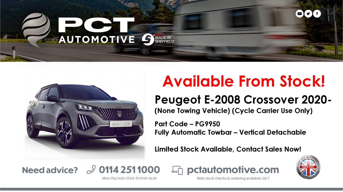 PG9950 - Now In Stock 

Detachable Towbars Now Available For The Peugeot E-2008 At PCT Automotive! 

Free Next Day Delivery 🚚 

Available To Purchase Through The Website 💻 
pctautomotive.com 

#PCTAutomotive #Towbars #Peugeot #ElectricCars #Towbars #MadeinSheffield