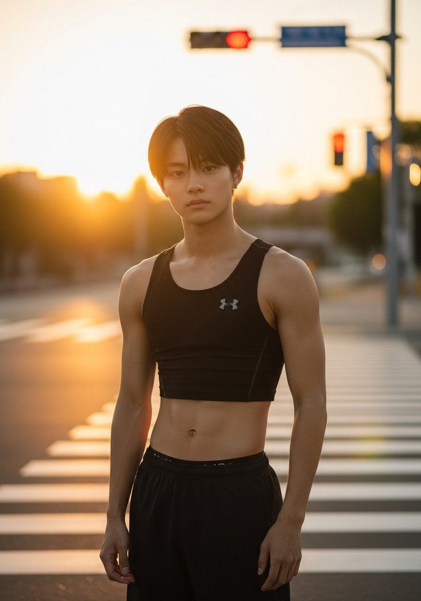 黄昏時の横断歩道、君を待ってる時間が一番幸せ🌇
Waiting for you at the twilight crossing, my happiest moment
 #AI男子 #AIイケメン #AIart #AIBoys #ImageFX #交通信号設置記念日