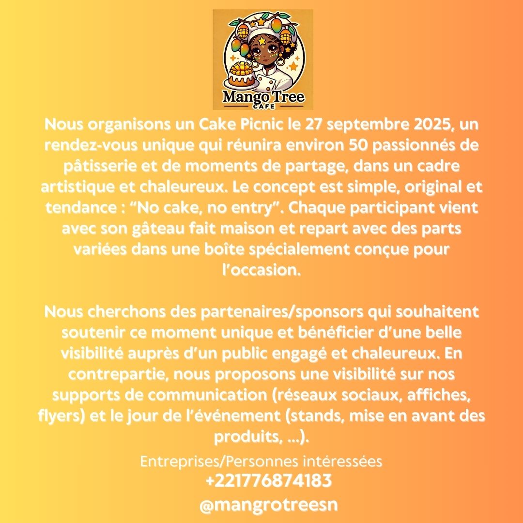 Le 27 septembre 2025, le Mango Tree Café organise un événement unique : le Cake Picnic 
Un moment de partage qui réunira environ 50 passionnés de pâtisserie, dans une ambiance artistique et chaleureuse.
👉 Concept : No cake, no entry!