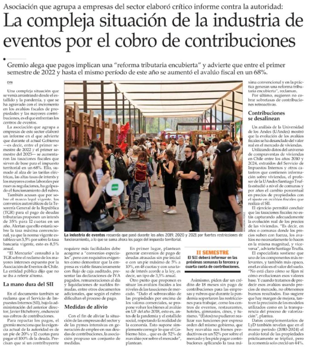 "La compleja situación de la industria de eventos por el cobro de contribuciones" / En su edición de hoy el diario El Mercurio destaca la preocupación de nuestro gremio por pagos que implican una "reforma tributaria encubierta" y el aumento del avalúo fiscal en un 68%.