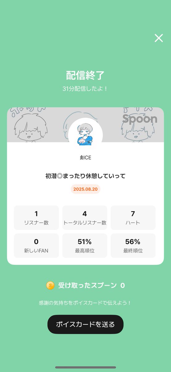 配信来てくれてありがとう！！！
少ししか出来なかったけれど来てくれて嬉しかったです！！
みんなおやすみなさい(:3[____]