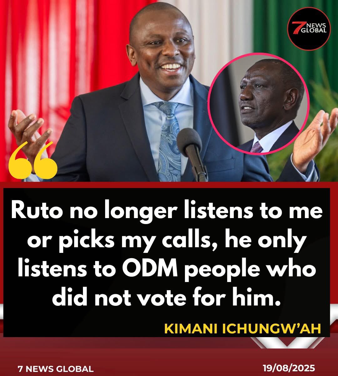 Naomikibandi's tweet photo. Ruto no longer listens to me or picks my calls, he only listens to ODM people who did not vote for him-Kimani Ichungwa says https://t.co/a08jsZypQb