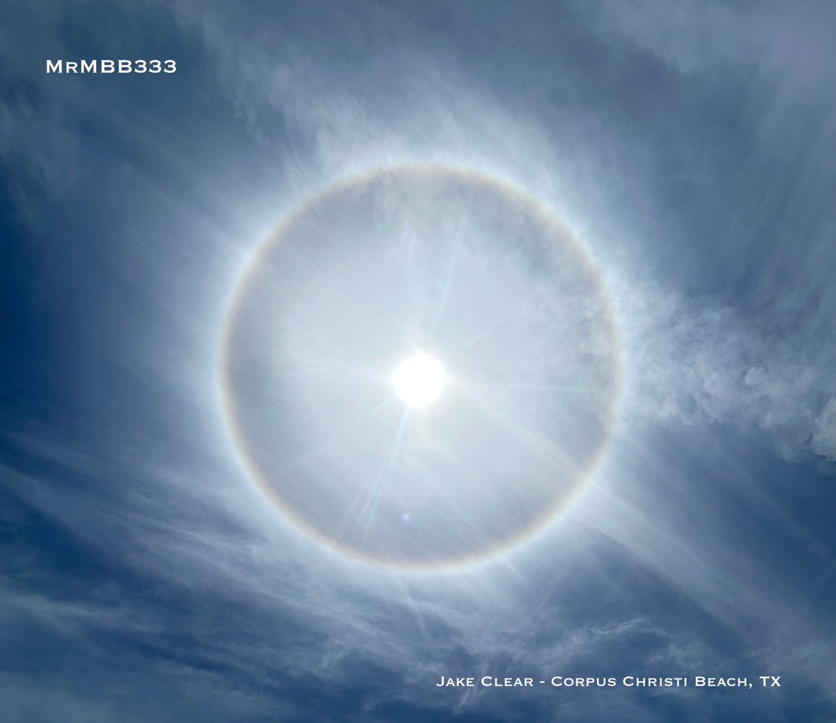 A massive, glowing ring just formed around the Sun in Corpus Christi, Texas. A perfect circle suspended in the sky. #MRMBB33 #sky #sun