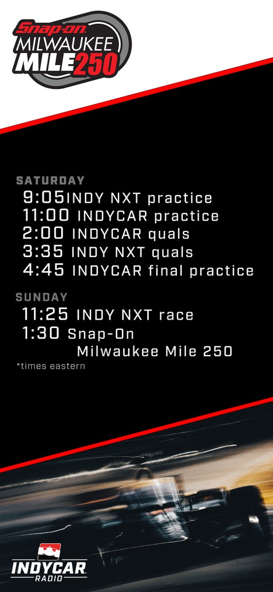 We're rolling into <a href="/TheMKEMile/">Milwaukee Mile</a> for the penultimate <a href="/IndyCar/">NTT INDYCAR SERIES</a> race weekend sponsored by <a href="/Snapon_Tools/">Snap-on Tools</a>  
Check bio for ways to listen 👂
#INDYCAR #INDYNXT #MilwaukeeMile