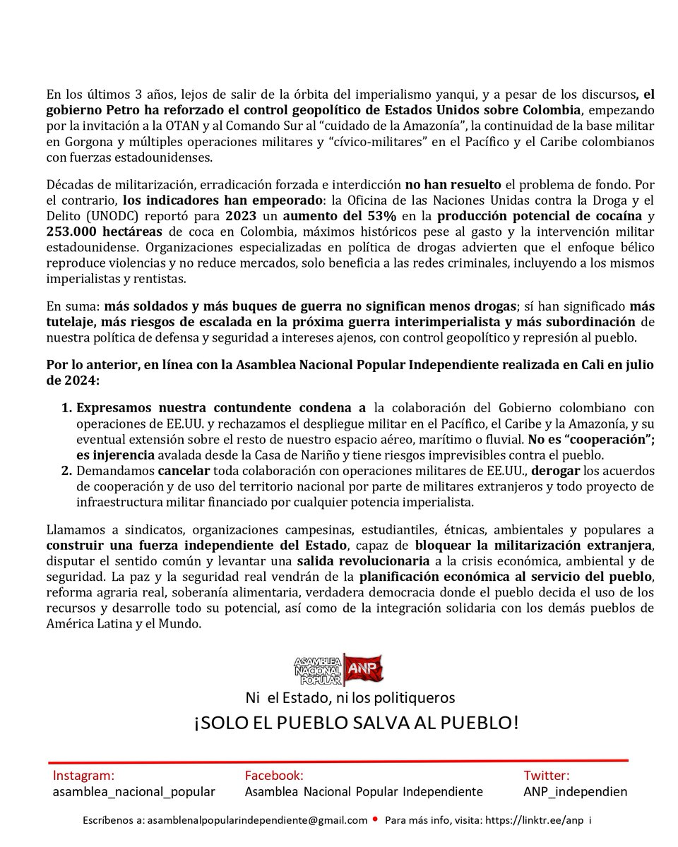 ¡Ni bases ni tropas del imperialismo en Colombia!

"Denunciamos y condenamos vehementemente la colaboración del Gobierno colombiano con operaciones y despliegues militares de los Estados Unidos en territorio nacional".

Aquí el pronunciamiento completo 
n9.cl/umfqcf