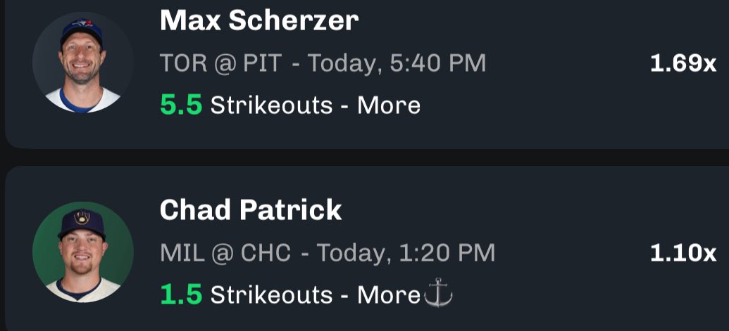 AlexCaruso's tweet photo. Daily Double on Chalkboard

Max Scherzer Over 5.5 Strikeouts
Chad Patrick Over 1.5 Strikeouts

Both are available on CB Alts if you use⬇️

Code CARUSO for a Free $20 when you sign up https://t.co/afE46HKTA9 https://t.co/oc8byIOekm