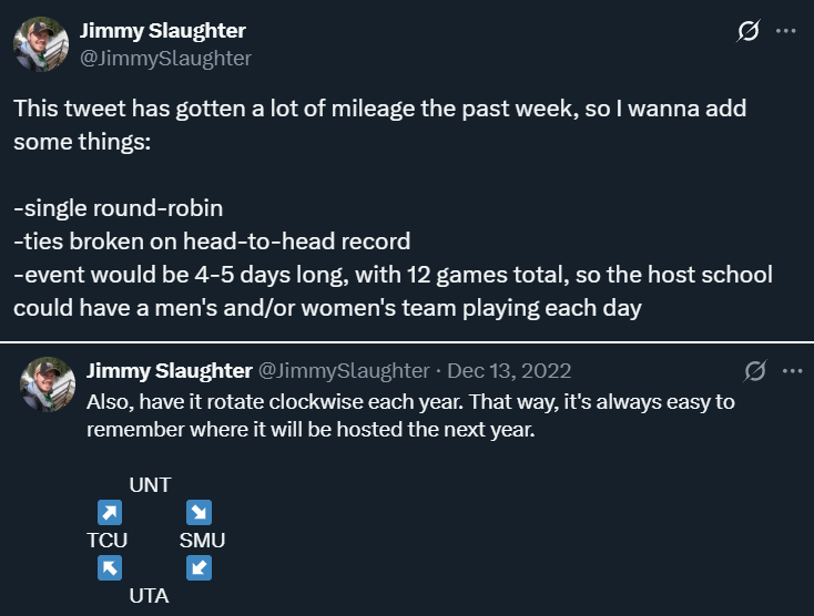 JimmySlaughter's tweet photo. So happy that UNT and TCU will play each other this season. It reminds of my dream of a 4-team DFW area tournament: Metroplex Madness.

SMU🐎
TCU🐸
UNT🦅
UTA🐴

Please, let's make this happen! https://t.co/JwZg3NR4zc