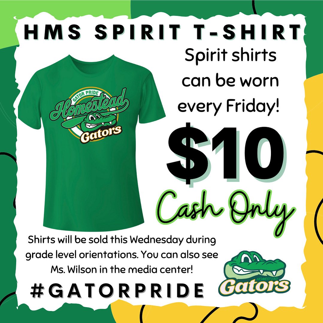 🐊 Show your Gator Pride! 🐊
HMS Spirit T-Shirts are here! Spirit shirts can be worn every Friday 🎉
👕 $10 each — Cash Only
📍 On sale this Wednesday during grade level orientations or see Ms. Wilson in the media center.Don’t miss out, Gators—grab yours and rep HMS with pride!