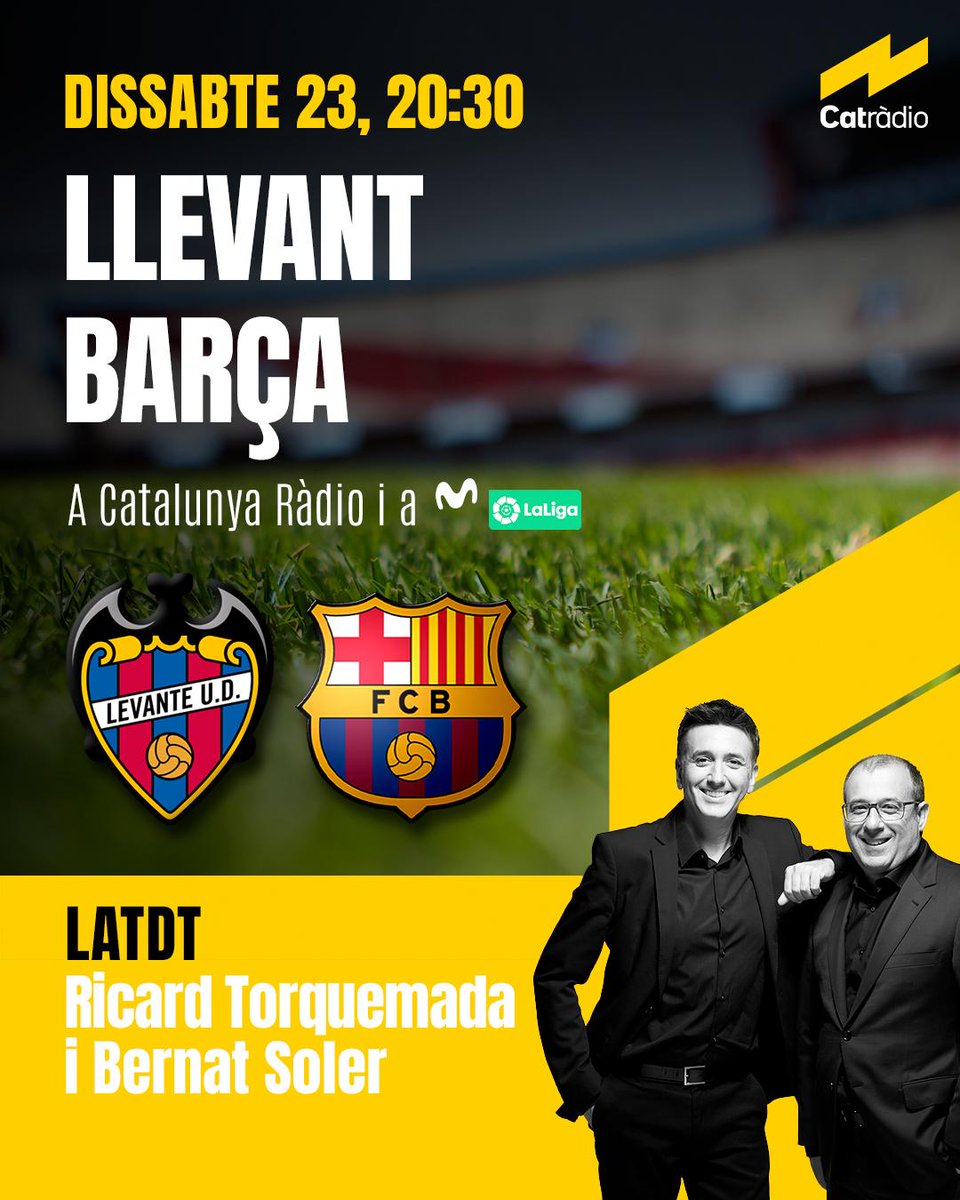El club de la mitjanit (@clubmitjanit) on Twitter photo 🔵🔴 Avui juga el Barça, avui és dia de <a href="/LaTdT/">LaTdT</a>
LLEVANT - BARÇA
Quin jugador creus que serà més decisiu avui a València?
A partir de les 20.30 h, la prèvia i el partit a <a href="/CatalunyaRadio/">Catalunya Ràdio</a> amb <a href="/RTorquemada/">Ricard Torquemada</a> 🔵🔴 Avui juga el Barça, avui és dia de <a href="/LaTdT/">LaTdT</a>
LLEVANT - BARÇA
Quin jugador creus que serà més decisiu avui a València?
A partir de les 20.30 h, la prèvia i el partit a <a href="/CatalunyaRadio/">Catalunya Ràdio</a> amb <a href="/RTorquemada/">Ricard Torquemada</a>