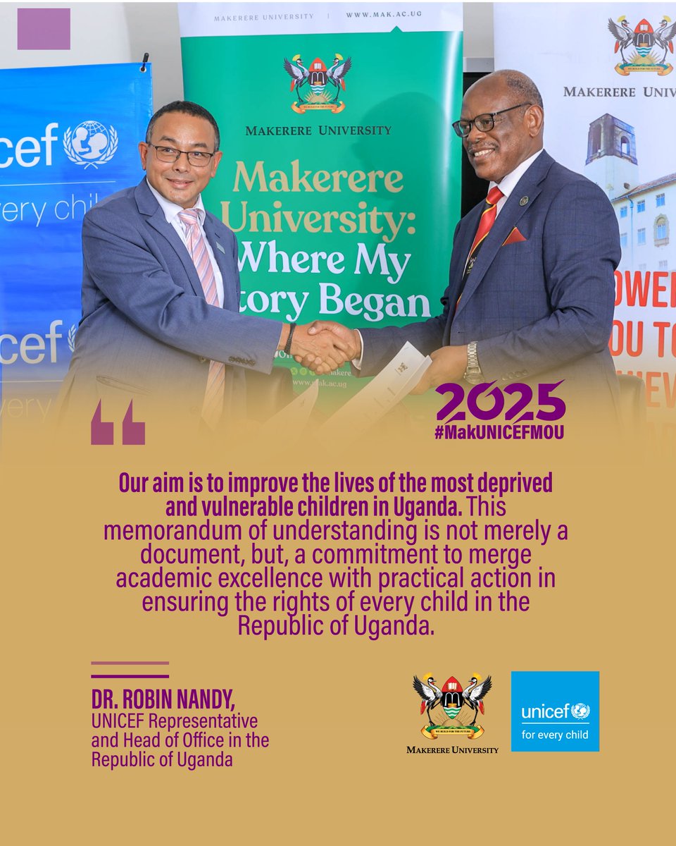 #MakUNICEFMOU 

"Our aim is to improve the lives of the most deprived and vulnerable children in Uganda. This memorandum of understanding is not merely a document but a commitment to merge academic excellence with practical action in ensuring the rights of every child in the