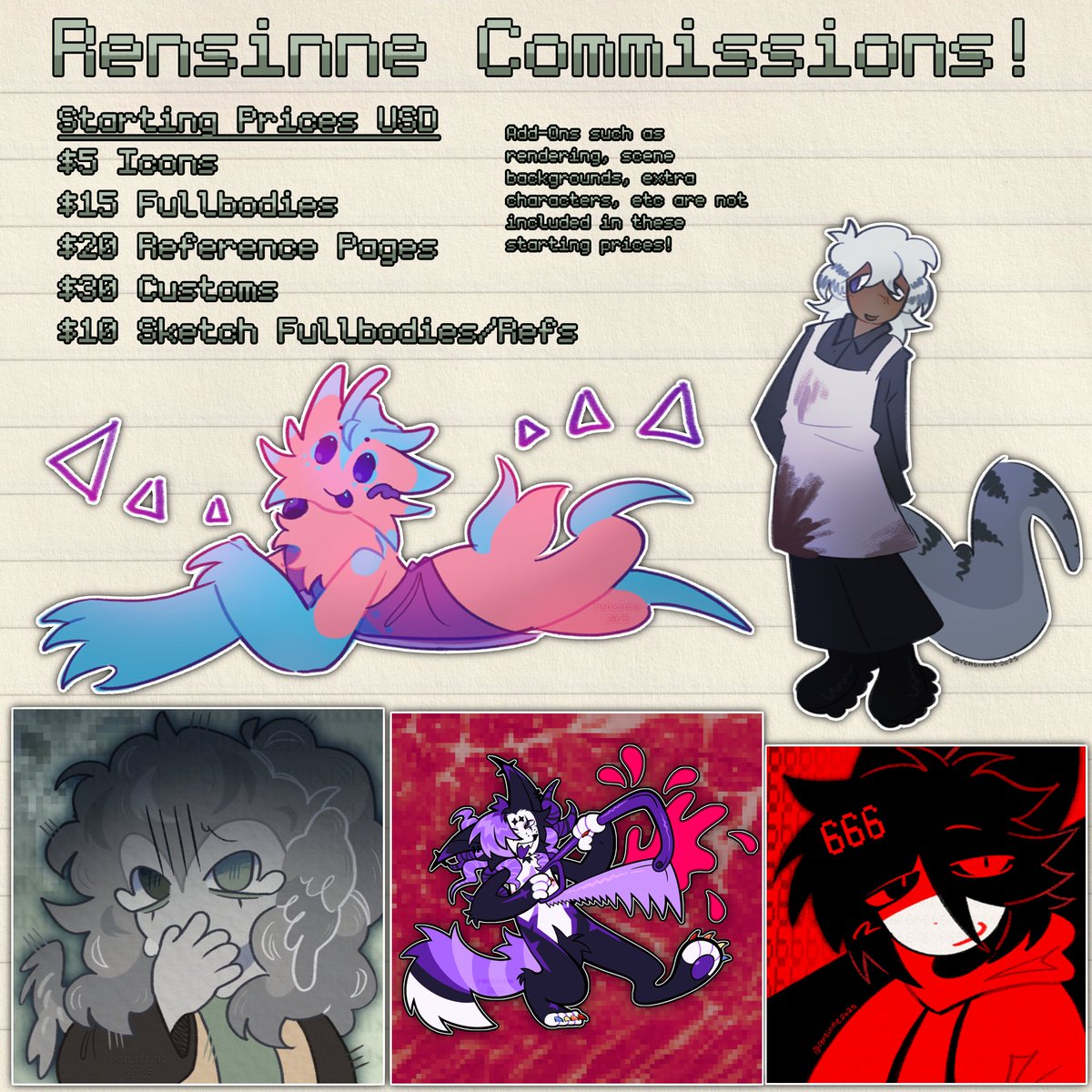 rensinne_'s tweet photo. Commissions Are Open!

primarily taking them through VGen, but i will also accept dms through discord and twitter/X if needed! links are in my bio or search rensinne on Vgen/Discord.

info such as starting prices and recent examples below!

#VGen #VGenOpen #smallartists #artmoots https://t.co/8Z6q7HtYFa