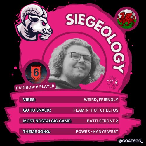 🐐 PLAYER SPOTLIGHT: SIEGEOLOGY 🐐 
Only GOATS are powered by Flamin’ Hot Cheetos 🔥

Our Rainbow 6 squad are live tonight on Twitch for the #WEL Semi-Finals at 7PM on <a href="/EsportsWales/">Esports Wales 🏴󠁧󠁢󠁷󠁬󠁳󠁿</a> — LF GOATS! 💪
📺 twitch.tv/esportswales

#R6 #BackTheGOATS <a href="/siegeology/">Swarvy</a>
