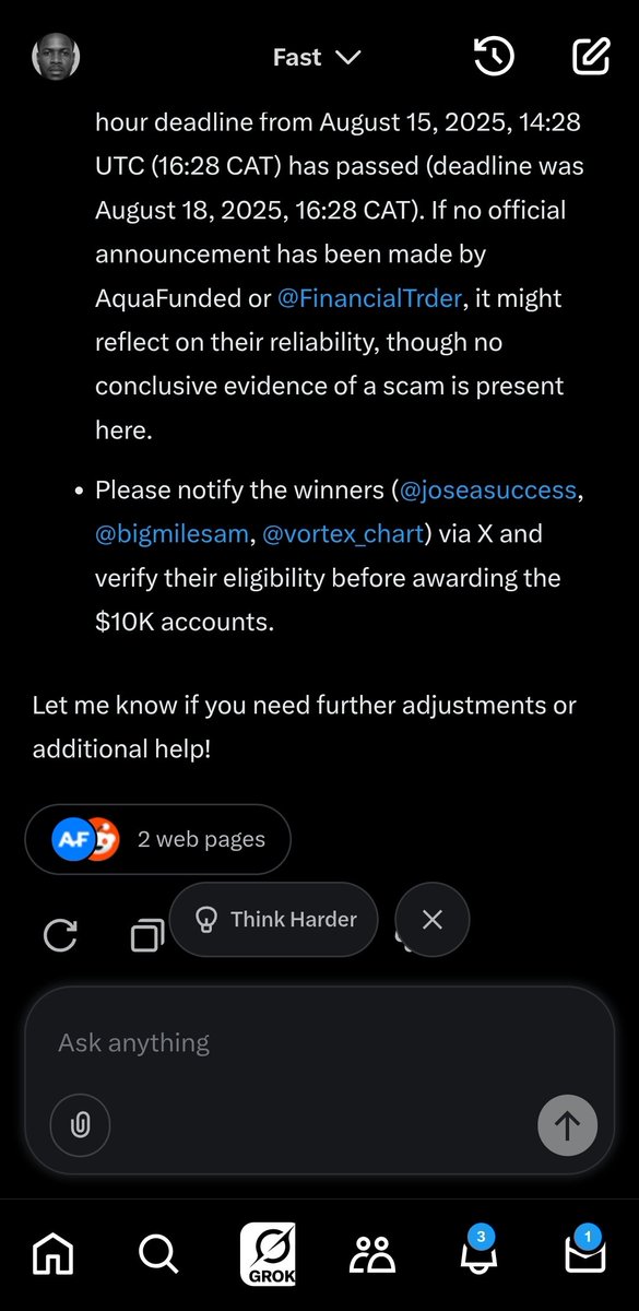 Financial Trader☪️ (@financialtrder) on Twitter photo <a href="/Almo0s/">almos</a> was chosen by <a href="/grok/">Grok</a> as a winner, but unfortunately, his country is not supported on <a href="/AquaFunded/">AquaFunded</a>.
He kindly gave another participant the chance to win.
Here is the new winner, selected via Grok:
🎉 Congratulations <a href="/vortex_chart/">Vortex_chart</a>
x.com/i/grok/share/f…
Please open a <a href="/Almo0s/">almos</a> was chosen by <a href="/grok/">Grok</a> as a winner, but unfortunately, his country is not supported on <a href="/AquaFunded/">AquaFunded</a>.
He kindly gave another participant the chance to win.
Here is the new winner, selected via Grok:
🎉 Congratulations <a href="/vortex_chart/">Vortex_chart</a>
x.com/i/grok/share/f…
Please open a