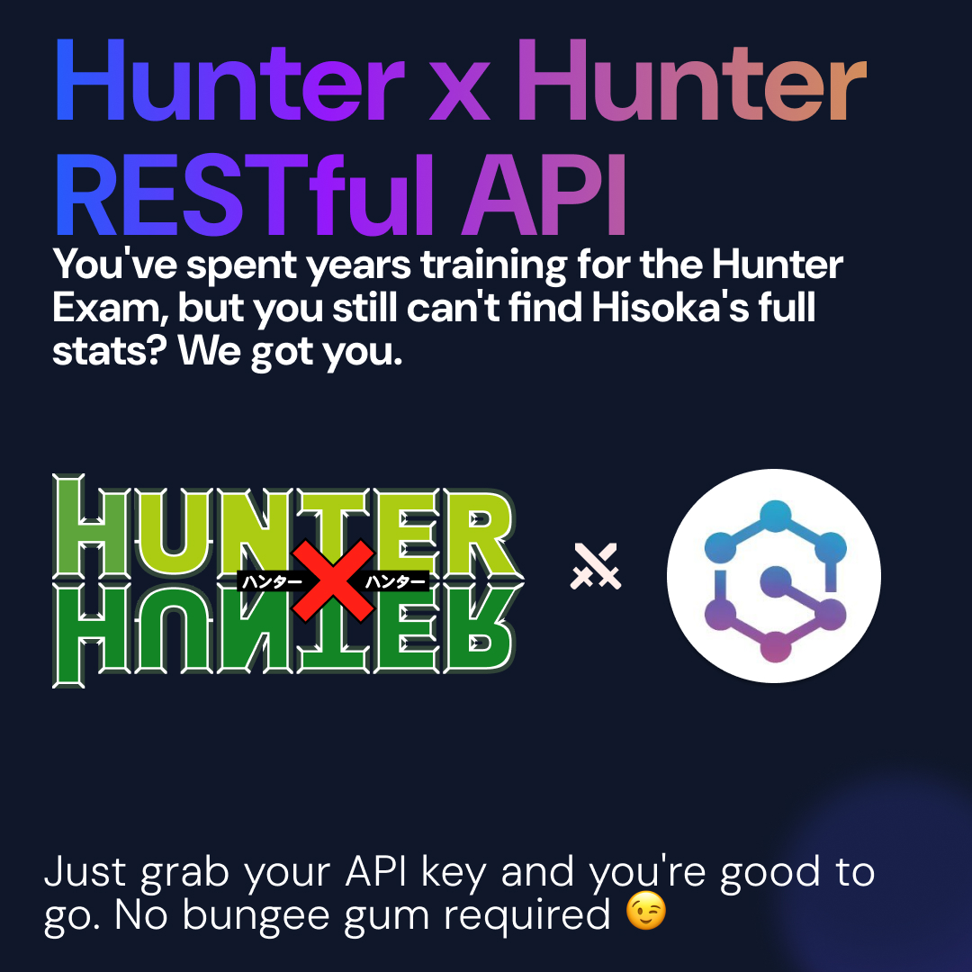 use_api_hub's tweet image. You thought the Hunter Exam was tough? Try manually parsing character data on a boring Tuesday ⚔️

We&apos;re here to help! To make your day better, we’ve launched our new Hunter x Hunter RESTful API.

It’s got all the data you need:

✔️Detailed JSON on Hunters, the Phantom Troupe,…