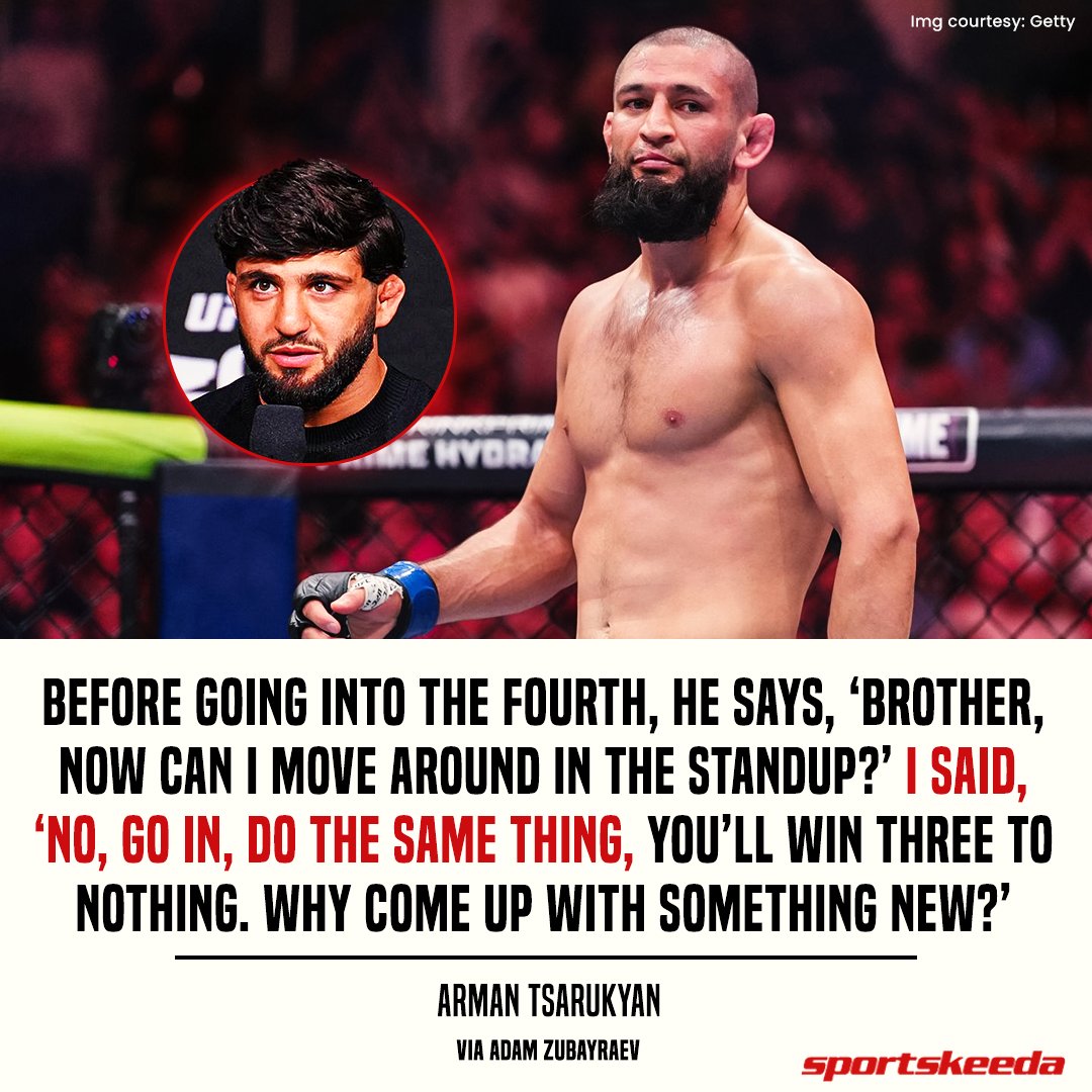 sportskeedaMMA's tweet photo. Arman Tsarukyan revealed that Khamzat Chimaev wanted to trade strikes in the 4⃣th round, but he told him to stick with the planned approach 👊 😅

#Khamzat_Chimaev #dricusduplessis 

Full details: https://t.co/LtTiOLcedo https://t.co/9qinTX77P7