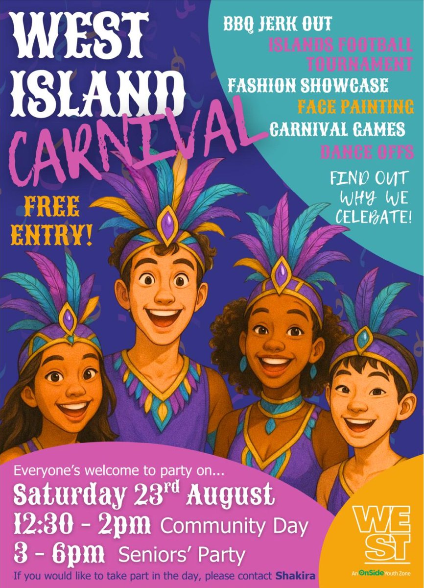 Get in the Carnival spirit at <a href="/WESTYouthZone/">WEST Youth Zone</a>'s Community Day on Sat 23 Aug!

🕛 12:30 PM – 2 PM: Free entry - EVERYONE is welcome!

🕒 Seniors' Party: 3 PM – 6 PM
📍2 EdCity Walk, W12 7TF

There will be food, games, face painting, dancing and more!