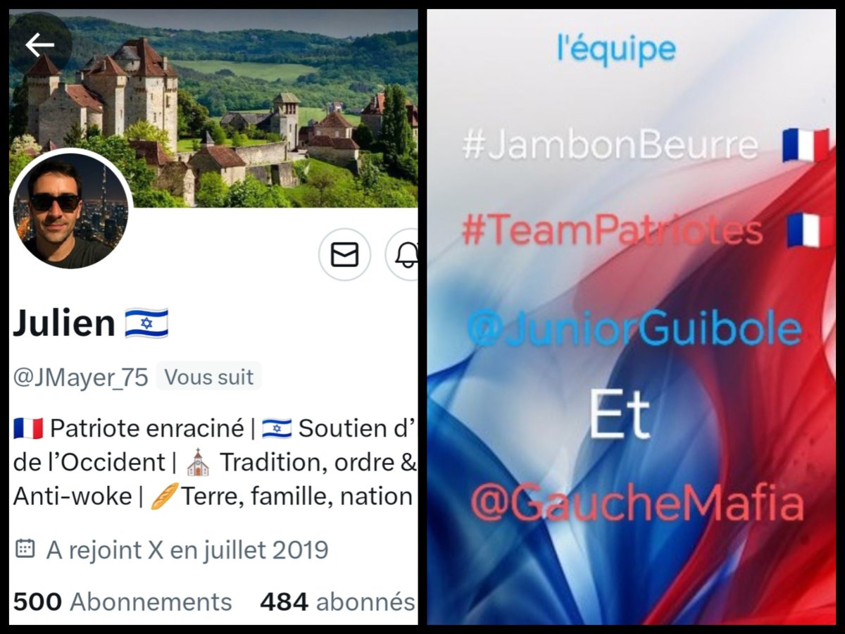 INFO🚨 Merci de partager !🚨
Mes amis abonnés😉
Ainsi que l'équipe #JambonBeurre #TeamPatriotes  🇨🇵 
Notre ami  <a href="/JMayer_75/">Julien 🇮🇱</a>   👍
Aurait besoin d'un petit coup de pouce pour grossir sa TL!🥳
Et ainsi lui donner plus de visibilité ! Merci de vous abonner à lui !🙏
Et n'oubliez