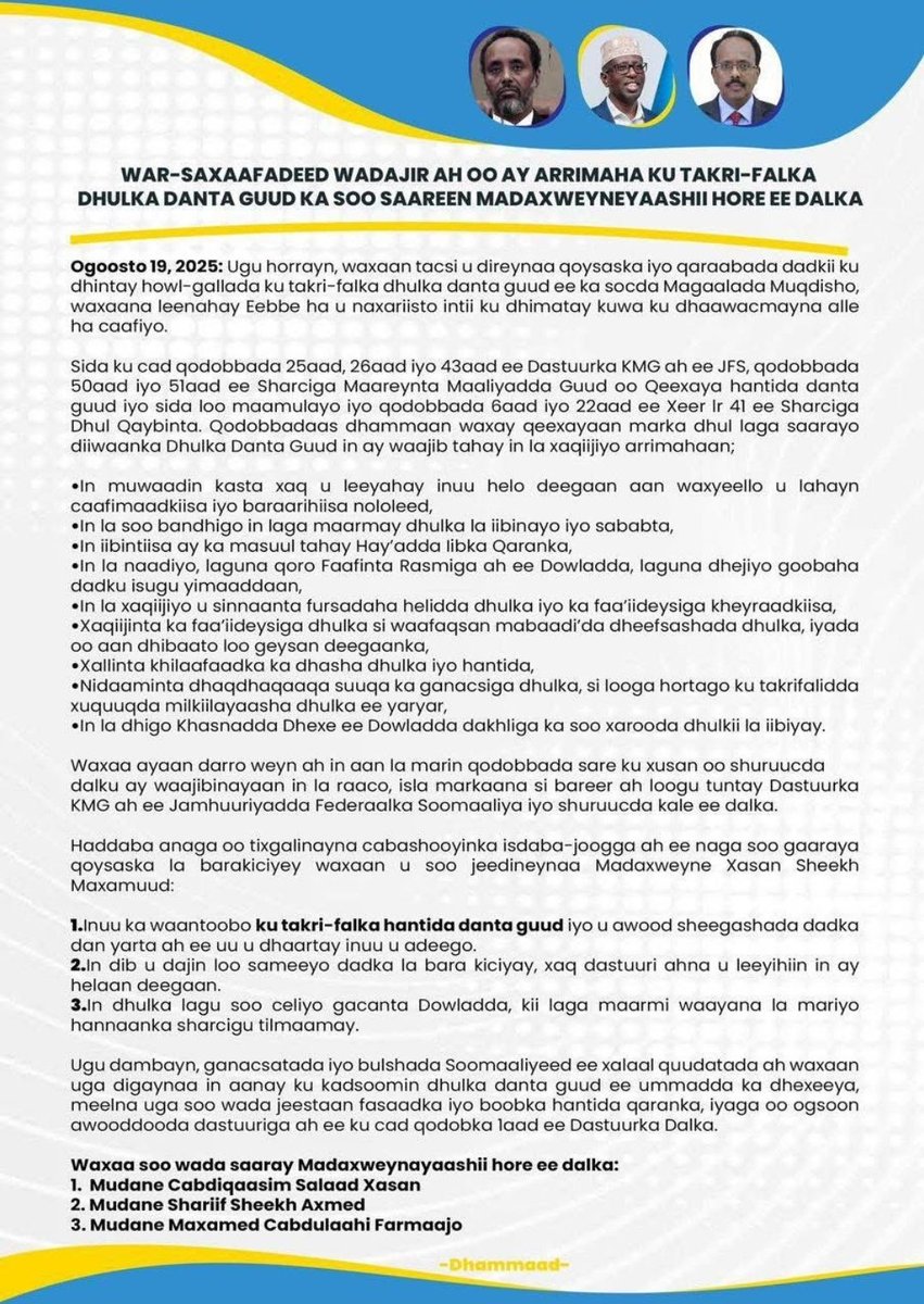 #ALERT: Somalia’s Ex-Presidents Drop Bombshell on Hassan Sheikh

Former Presidents Farmaajo, Abdiqasim, and Sharif Sheikh have accused Hassan Sheikh of orchestrating a massive illegal land grab. They warn the scheme undermines Somalia’s statehood and tears apart the foundations