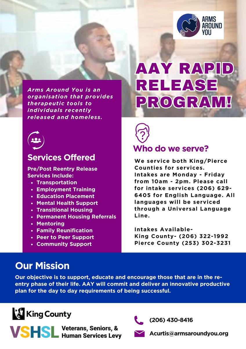 Armsaroundyou1's tweet image. Empowering change and offering support with our AAY Rapid Release Program. Join us in King and Pierce Counties for comprehensive reentry services and community support. Let's build a successful future together.
#CommunitySupport #AAY #ReentryProgram