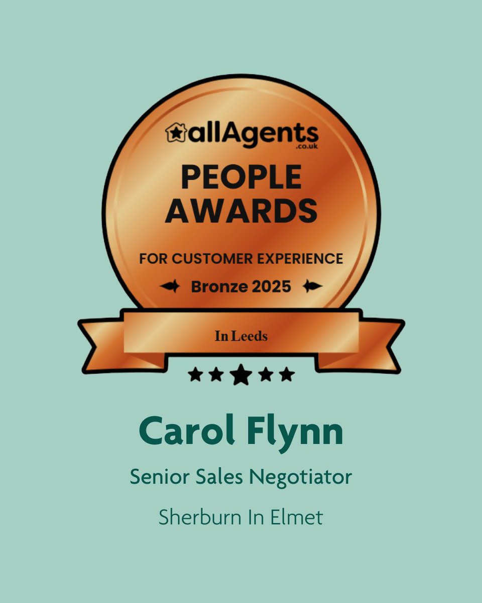 Emsleys have been been winning again!

A big congratulations to Carol at our Sherburn branch for winning the Bronze prize in this year's All Agents Awards for the Leeds area. Highlighting customer experience and client care, the review platform judges the best agents in the area.
