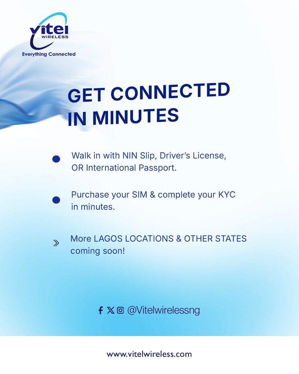 Vitelwirelessng's tweet photo. Lagosians, the wait is OVER!🔥
Your Vitel Wireless SIM is now closer than ever.

From Ikeja to Surulere, Ikorodu, VI &amp; more… SLOT outlets are ready for you.

Swipe to see the full list. 
More states coming soon!💙

#VitelWireless #GetBlue #lagosnigeria #Everythingconnected https://t.co/xLq00ztcCb