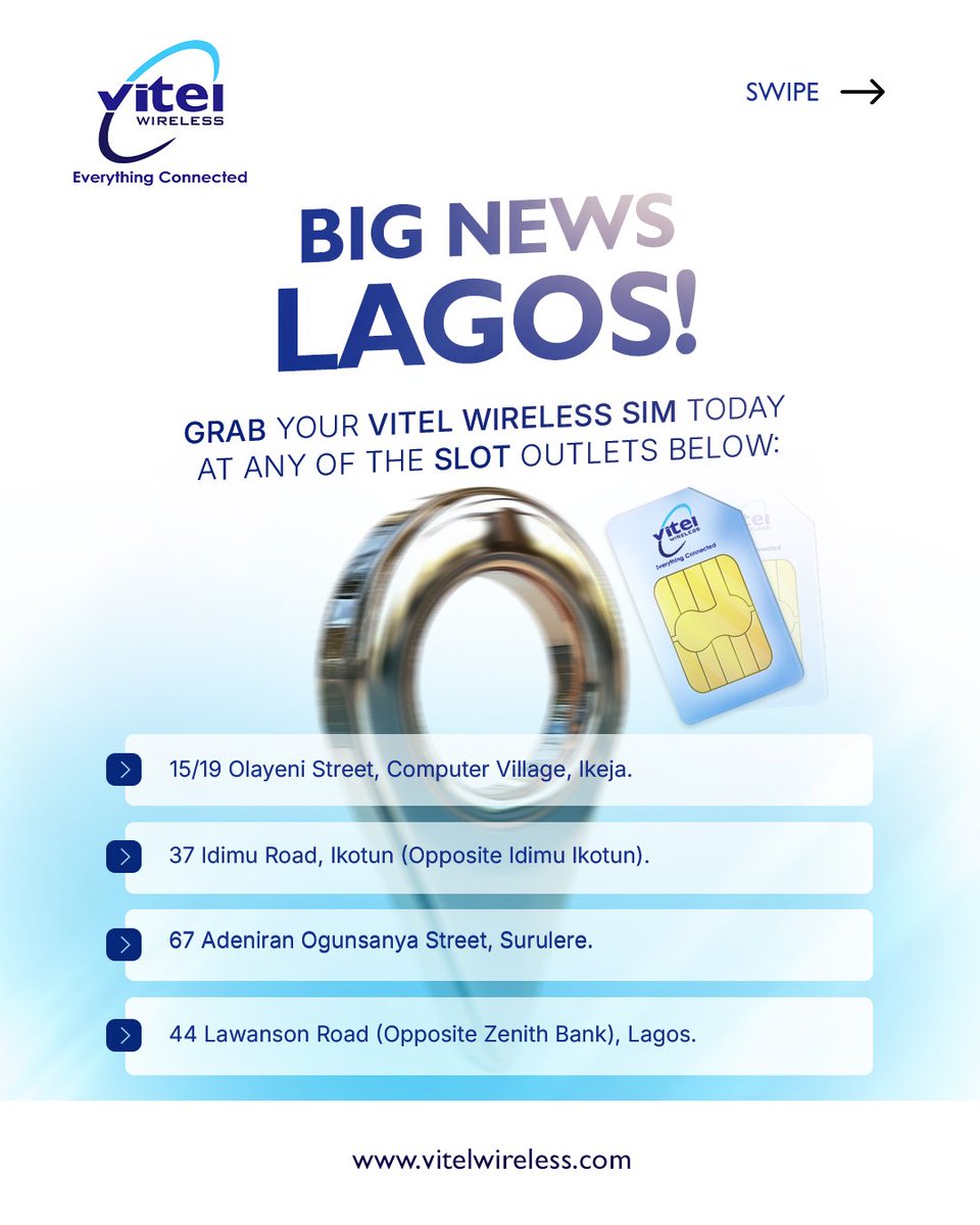 Vitelwirelessng's tweet photo. Lagosians, the wait is OVER!🔥
Your Vitel Wireless SIM is now closer than ever.

From Ikeja to Surulere, Ikorodu, VI &amp; more… SLOT outlets are ready for you.

Swipe to see the full list. 
More states coming soon!💙

#VitelWireless #GetBlue #lagosnigeria #Everythingconnected https://t.co/xLq00ztcCb