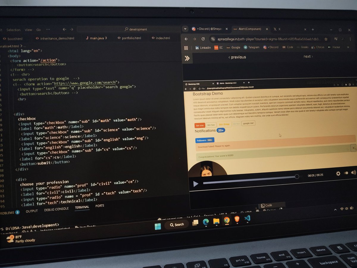 ram_sah02's tweet image. Day 5 of 100 days of coding 
Topic ✅ 
Bootstrap 
Basic concepts of bootstrap 
Key components 
Nav bar components 
Form concept 

Thanks to shraddha didi 
#100DaysOfCode
#webdevevelopment 
#CoolieBlockbuster 

@ApnacollegeX 
@X