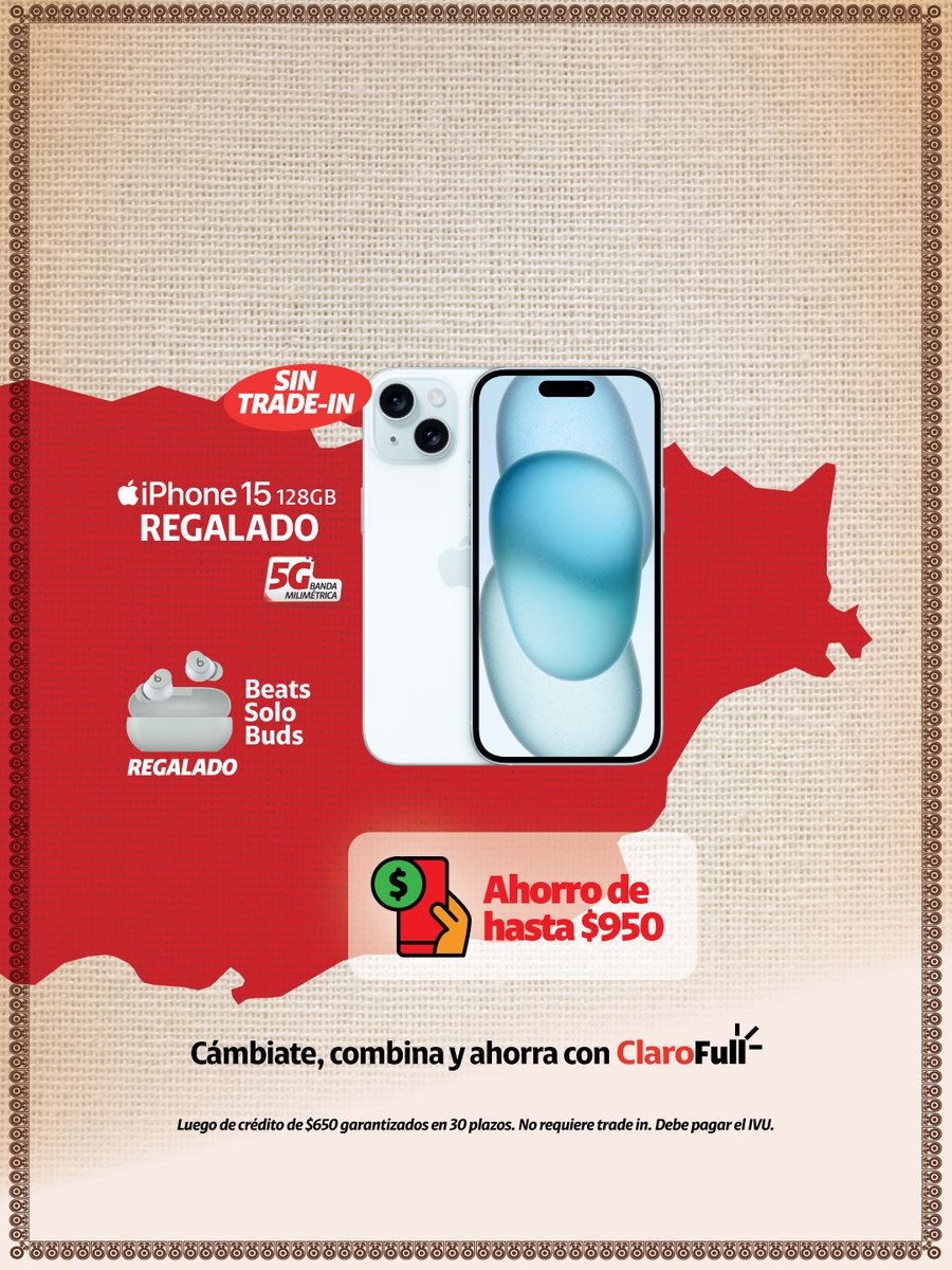 Claro Puerto Rico (@clarotodo) on Twitter photo ¡La que hay! iPhone 13 o iPhone 15 REGALADOS al cambiarte a la red de mejor cobertura en PR 🌺🇵🇷 Consíguelo aquí bit.ly/laredparacadat… o visítanos 
☎️ Llama al 1-833-642-5276 
📅 Válido hasta el 20 de agosto de 2025. ¡La que hay! iPhone 13 o iPhone 15 REGALADOS al cambiarte a la red de mejor cobertura en PR 🌺🇵🇷 Consíguelo aquí bit.ly/laredparacadat… o visítanos 
☎️ Llama al 1-833-642-5276 
📅 Válido hasta el 20 de agosto de 2025.