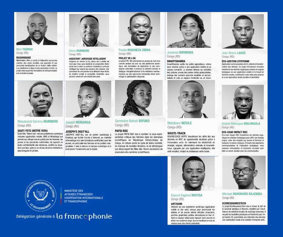 dgfrdc's tweet photo. Des idées. Des solutions. Un avenir.  
                                                                                                                                                                                                                       
Douze jeunes congolais sélectionnés par #CAPInnovation portent haut les couleurs de la RDC.

La République Démocratique du Congo réaffirme sa position de pays-solution dans l’espace francophone. 

#Francophonie #Opportunité 
@MinDiasporaRdc 
@CrispinMbadu 
@OIFrancophonie 
@REPAC_OIF