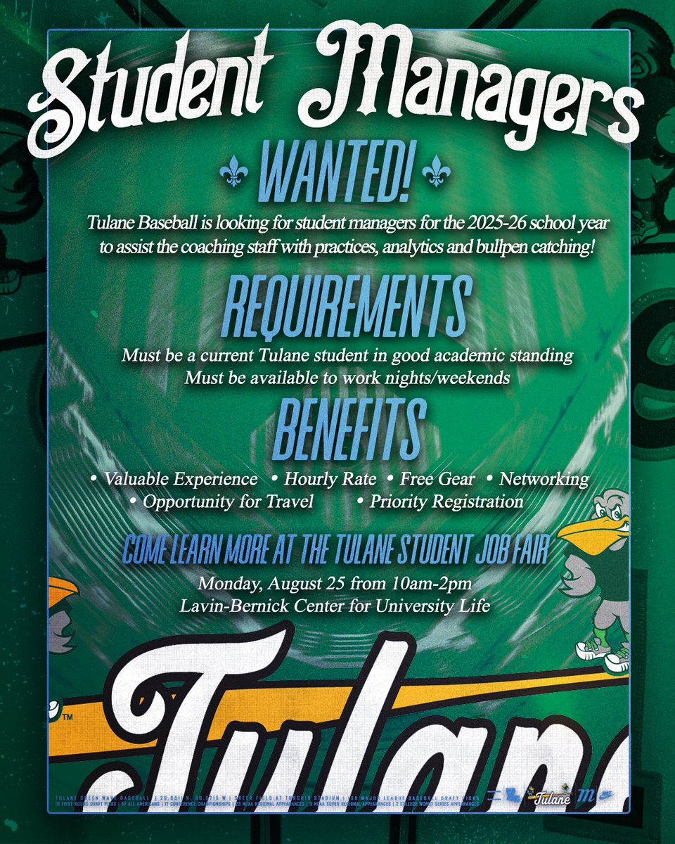 Tulane Baseball (@greenwavebsb) on Twitter photo ๐จ๐พ๐๐ก๐ก๐๐ฃ๐ ๐ผ๐ก๐ก ๐๐ช๐ก๐๐ฃ๐ ๐๐ฉ๐ช๐๐๐ฃ๐ฉ๐จ๐จ
We're on the hunt for some quality Student Managers for the 2025-26 school year! If you're interested, come visit our table at the student job fair at the LBC next Monday!
#RollWave ๐โพ๏ธ ๐จ๐พ๐๐ก๐ก๐๐ฃ๐ ๐ผ๐ก๐ก ๐๐ช๐ก๐๐ฃ๐ ๐๐ฉ๐ช๐๐๐ฃ๐ฉ๐จ๐จ
We're on the hunt for some quality Student Managers for the 2025-26 school year! If you're interested, come visit our table at the student job fair at the LBC next Monday!
#RollWave ๐โพ๏ธ
