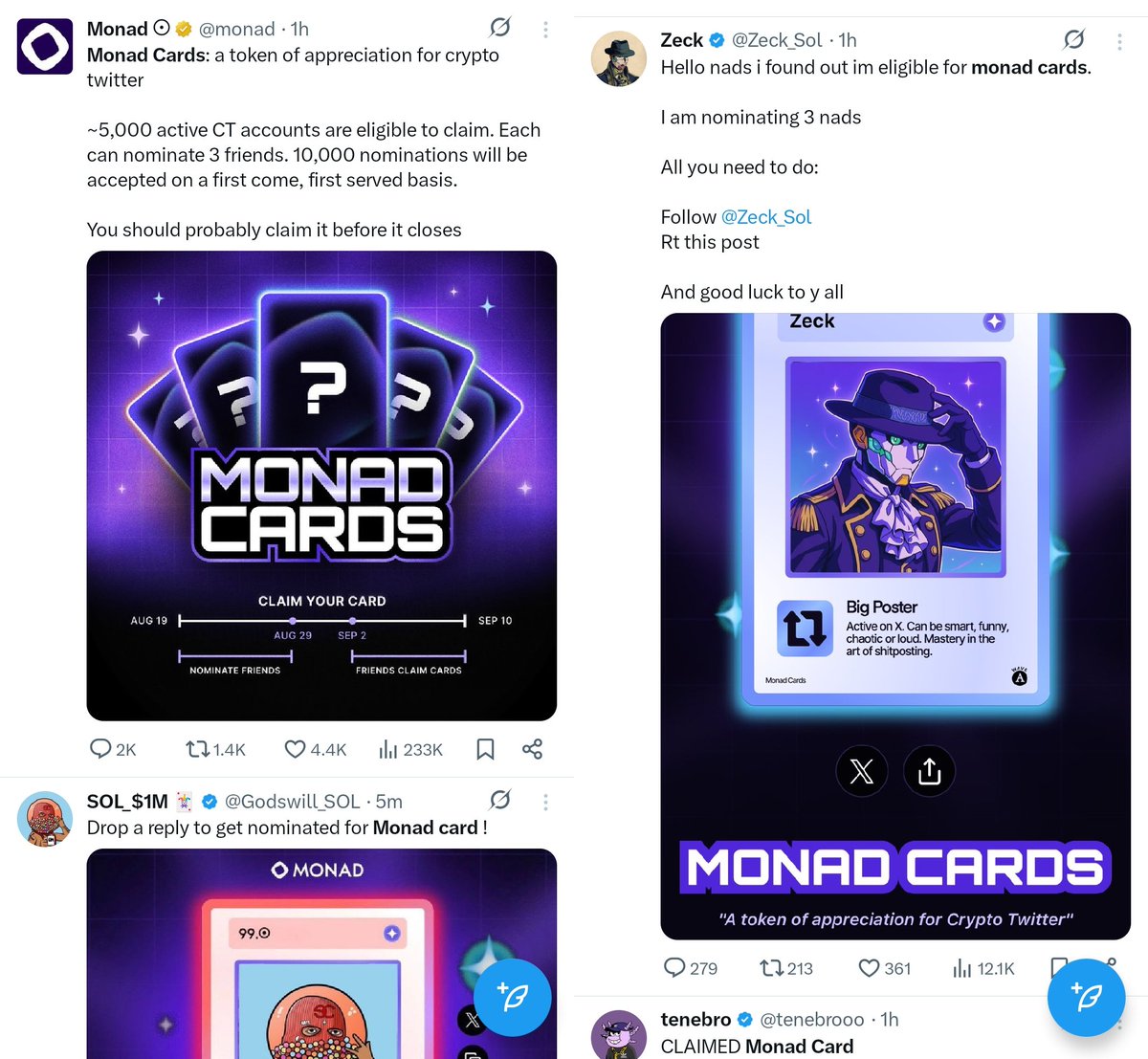 _TrendingCrypto's tweet photo. CT can’t stop talking about Monad Cards right now 👀

These aren’t NFTs or tokens. They’re digital invite-style cards being dropped to big CT names, giving holders special community perks + early clout in the Monad ecosystem. Basically, they’re turning access + status into a viral marketing play, and it’s working.

Why the hype? Because Monad is about to launch mainnet, with whispers of Sept 30th as the date (CoinMarketCap even listed a $MON token with a 100B cap supply before deleting it). Monad themselves teased: “only one of these details is correct”—classic CT bait.

For anyone new: Monad is an Ethereum-compatible L1 that promises Solana speed (10k TPS, 1s finality) without breaking devs’ workflows. It runs full EVM so existing ETH apps can plug right in. The tech stack—parallel execution, MonadBFT consensus, on-chain MonadDb—is what’s getting builders excited.

The testnet already has 240+ projects cooking (DeFi, NFTs, GameFi, infra), and big names like LayerZero, Magic Eden, and even Uniswap are building on top. Add to that the viral social push with Monad Cards and you’ve got the perfect recipe for mainnet hype.

Why this feels bullish:

Monad Cards = social FOMO engine, driving attention before token even drops.

Tech is legit → scalability without giving up EVM.

Ecosystem is already seeded → not starting from zero.

Bottom line: Monad isn’t just dropping a chain, they’re gamifying attention. If the cards are any indicator, they understand CT psychology really well. Whether $MON lives up to the hype is still TBD—but the rollout is textbook bullish.

Follow @_TrendingCrypto and turn on notifications 🔔 for explanations of trends on CT as they unfold!