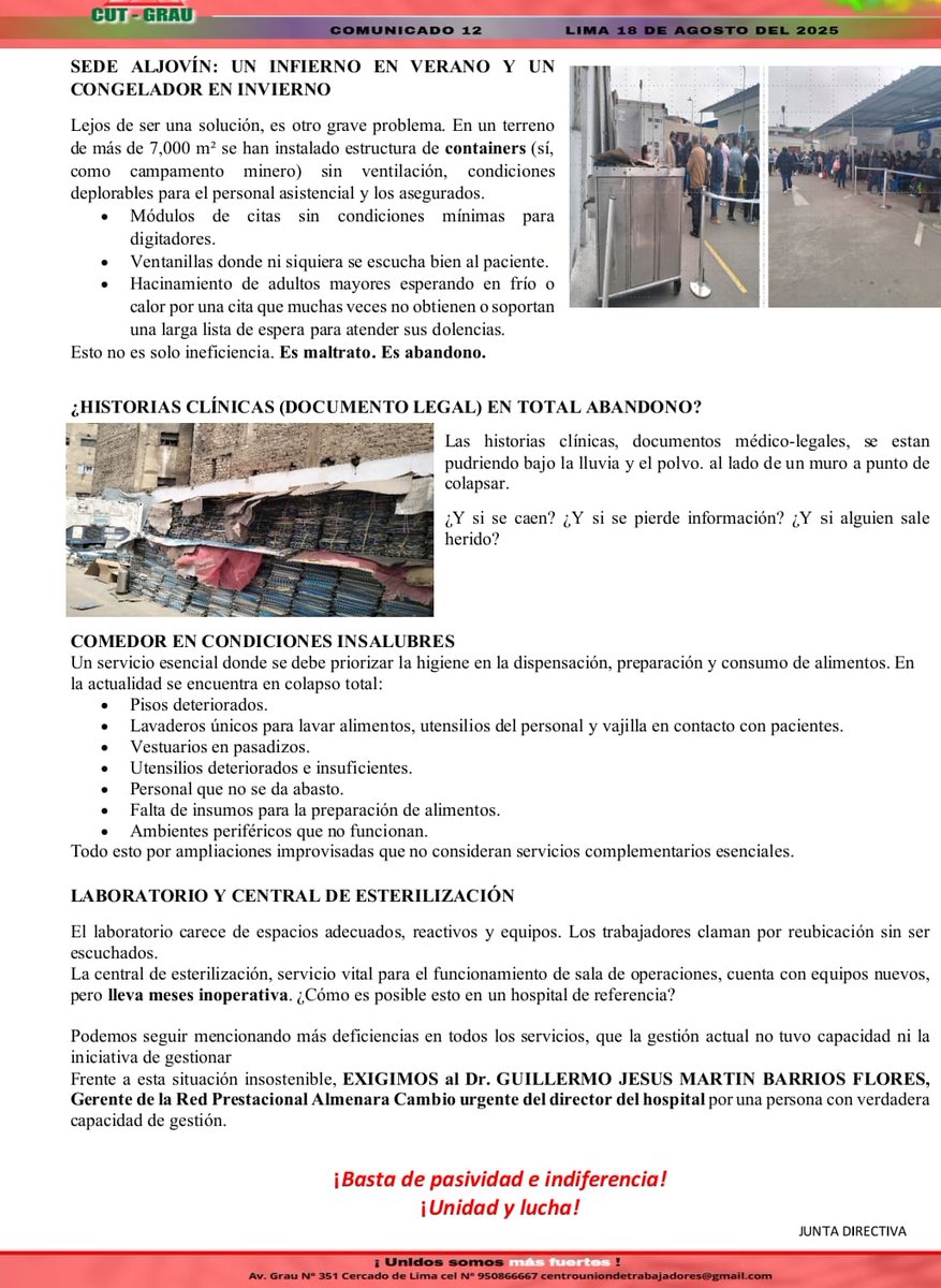 ¡Atención! 📢La Base CUT #HospitalEmergenciasGrauGrau  realizara PLANTÓN DE PROTESTA 
🗓 Miércoles 20 de agosto, 8:00 AM 
¡El hospital se cae a pedazos y nadie hace nada! Exigimos soluciones ante el colapso de la infraestructura. #EsSalud
