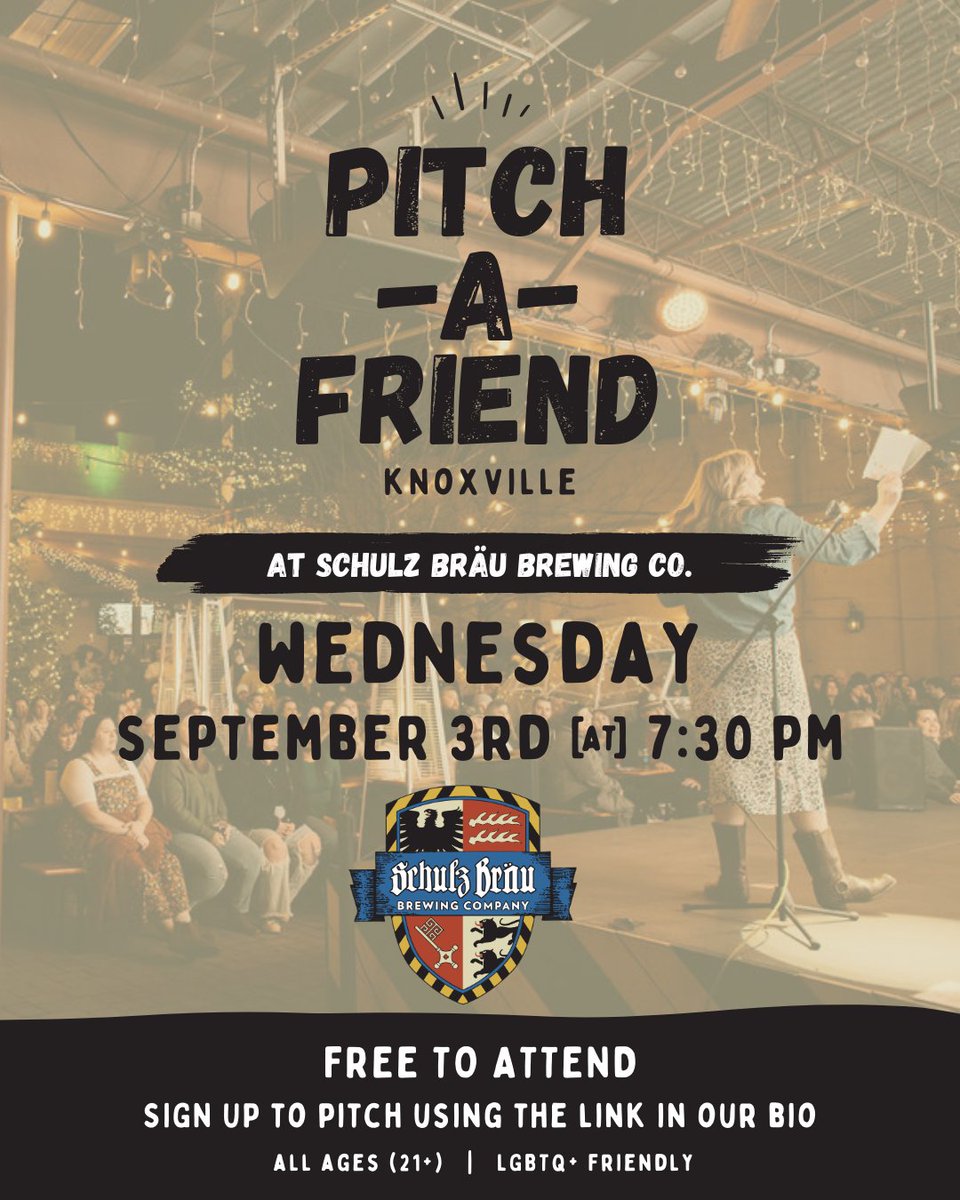 Pitch-A-Friend is back! 🎤💘
Join us in the Biergarten on Wednesday, Sept 3rd for Knoxville’s favorite matchmaking show. Pitch your single friend… or just come for the laughs (and maybe love). 🍺

#schulzbrau #pitchafriend #biergarten #craftbeer #germanbrewery