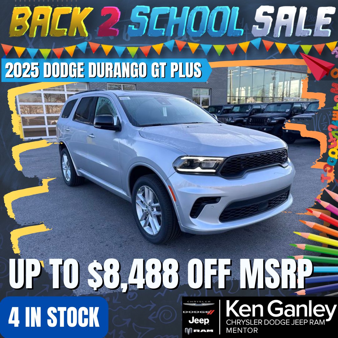 Back 2 School Sale going on now! 2025 Dodge DURANGO GT PLUS up to $8,488 OFF MSRP. Contact us to schedule a test drive today! (440) 354-4368

#KenGanleyCDJRmentor #newcars #usedcars #jeep #chrysler #dodge #ram #mentor #ohio

l8r.it/DXAY