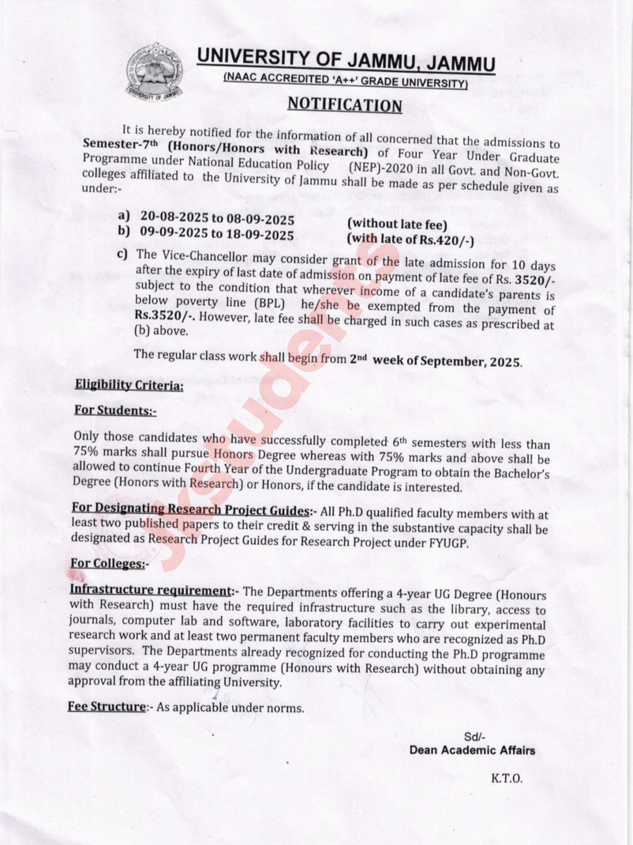 Admissions to Semester 7th (Honors/Honors with Research) of the 4th Year UG Programme under NEP-2020 are open in all Govt. and Non-Govt. institutions, JU