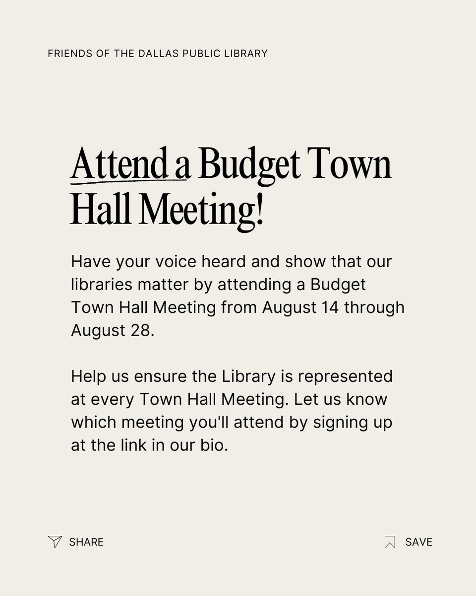 FODPL's tweet image. 💪 Your voice is our library’s strongest defense.
The proposed budget could cut $4.5 million from Dallas Public Libraries — but together, we can fight for the funding our community needs.
🗓 Swipe for simple steps to speak out and stop the cuts.
#DallasLibraries #LibraryAdvocacy