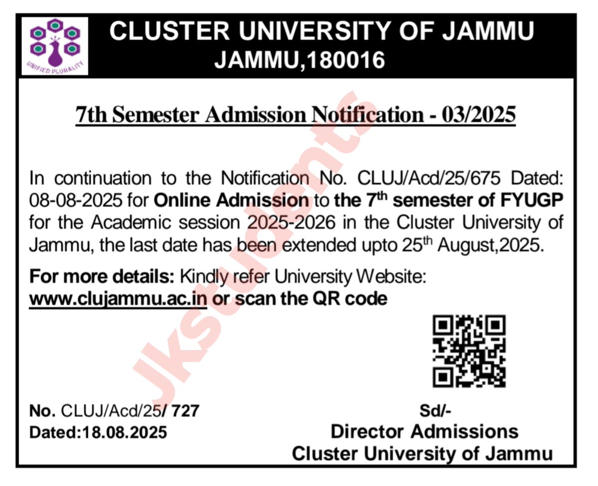 Cluster University of Jammu || Notification regarding Extension of last date for admission to semester 7th of FYUGP