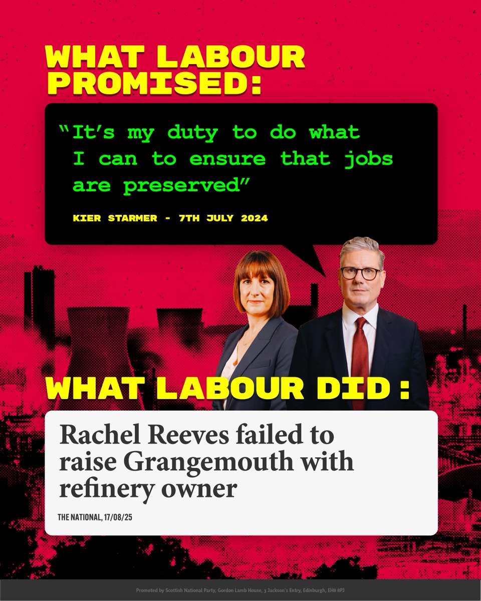 Days before Grangemouth shut, Rachel Reeves met its owner but never mentioned the refinery.

Scunthorpe steel was nationalised. A Lincolnshire refinery bailed out. £100bn for English nuclear.

Scotland gets nothing. With independence we can protect jobs, industry and our future.
