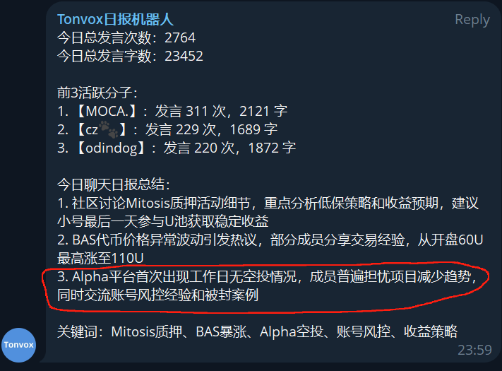 ethan_tonvox's tweet photo. TG群里日报机器人总结了下今天大家都在讨论的热点
有一点很有意思
大家都在讨论今天alpha没发空投,有点慌了😂
@binancezh @sisibinance 要不要给大家打个定心丸哈哈
之前每天都发,突然不发大家不适应了😂
想进群的兄弟👉 https://t.co/qTUNV5vneU
#alpha #alphapoint #币安alpha